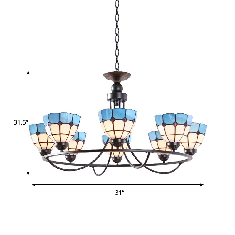 Tiffany Classic Chandelier: Metal Ring Suspension Light with Grid Bowl (6/8 Lights) in Blue and White