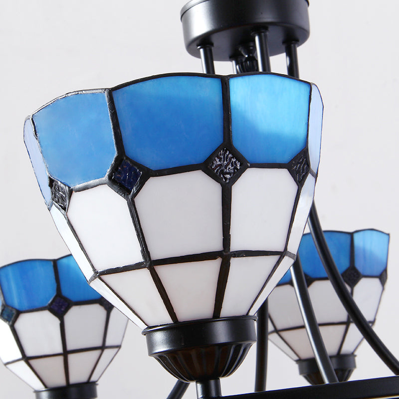 Tiffany Classic Chandelier: Metal Ring Suspension Light with Grid Bowl (6/8 Lights) in Blue and White