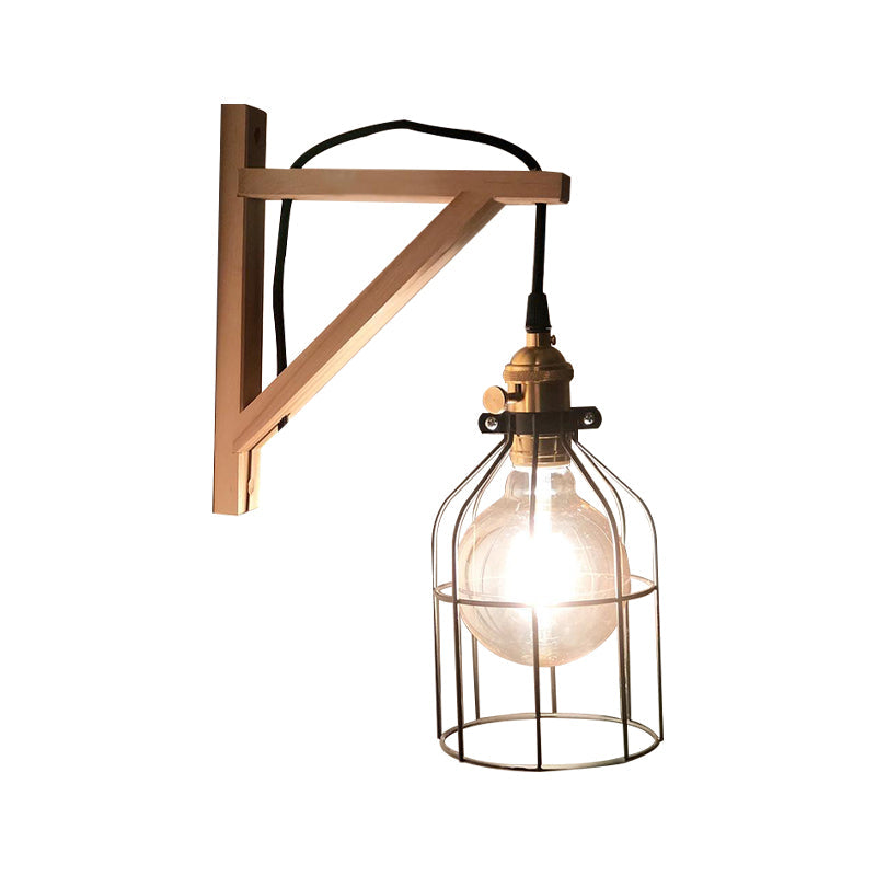 Modern Black Wall Lamp: Loft Style Iron Pear Shaped/Diamond Cage Design With Wood Brace