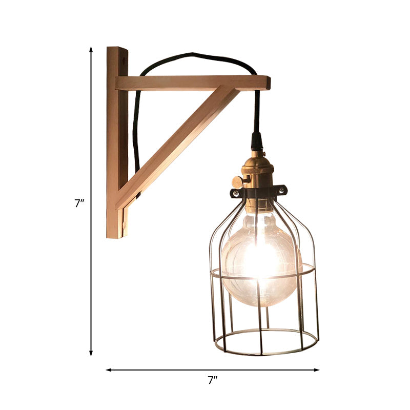 Modern Black Wall Lamp: Loft Style Iron Pear Shaped/Diamond Cage Design With Wood Brace