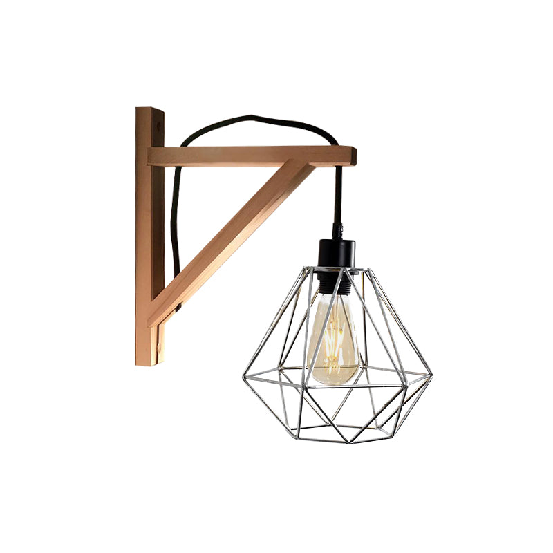 Modern Black Wall Lamp: Loft Style Iron Pear Shaped/Diamond Cage Design With Wood Brace