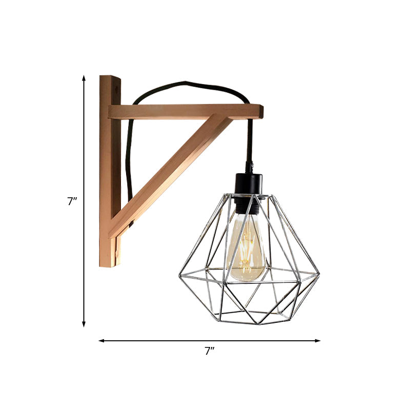 Modern Black Wall Lamp: Loft Style Iron Pear Shaped/Diamond Cage Design With Wood Brace