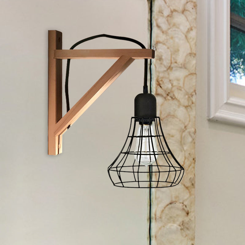 Modern Black Wall Lamp: Loft Style Iron Pear Shaped/Diamond Cage Design With Wood Brace