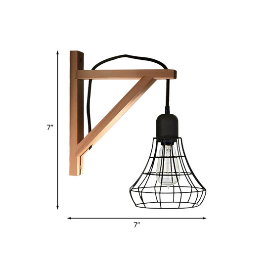 Modern Black Wall Lamp: Loft Style Iron Pear Shaped/Diamond Cage Design With Wood Brace