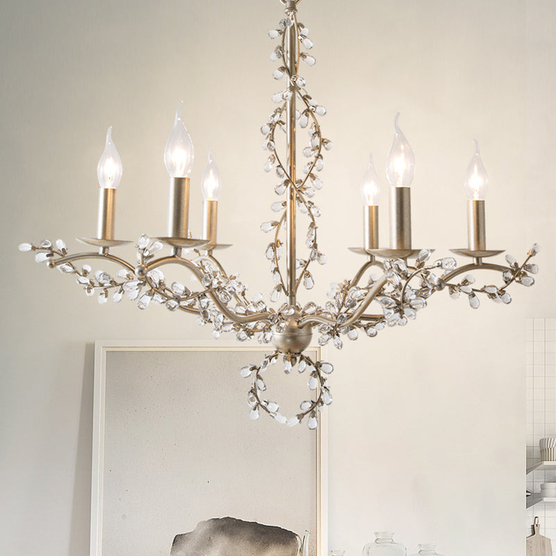 Rustic Vine Chandelier - 6-Light Clear Crystal Pendant With Candle-Inspired Design