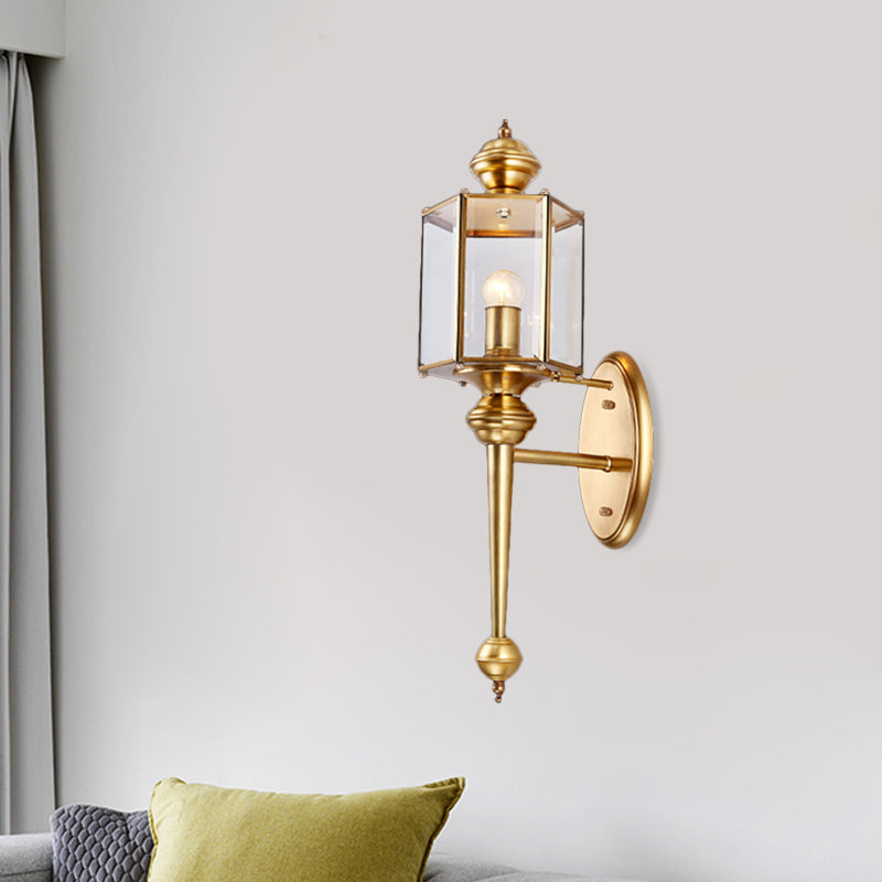 Traditional Brass Wall Light Fixture With Transparent Glass - Polygon Hallway Mount Lighting