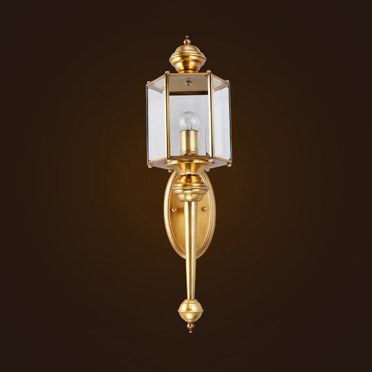 Traditional Brass Wall Light Fixture With Transparent Glass - Polygon Hallway Mount Lighting