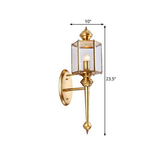 Traditional Brass Wall Light Fixture With Transparent Glass - Polygon Hallway Mount Lighting