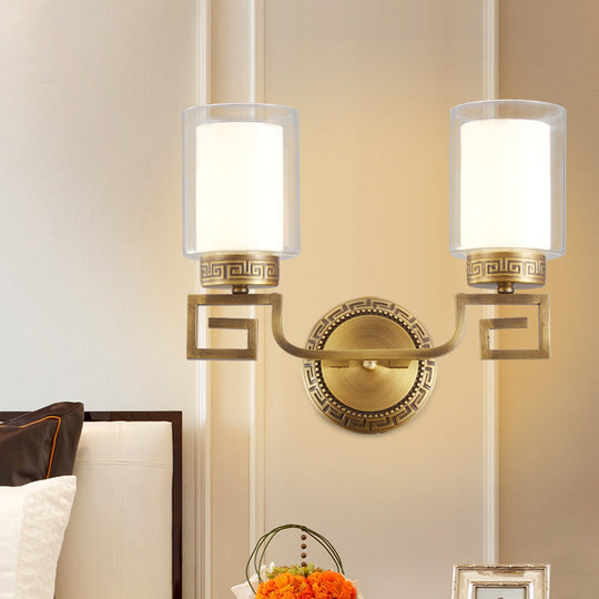 Colonialist Gold Sconce Lamp With Clear & Opal Glass - Wall Mounted Light Fixture For 2 Lights