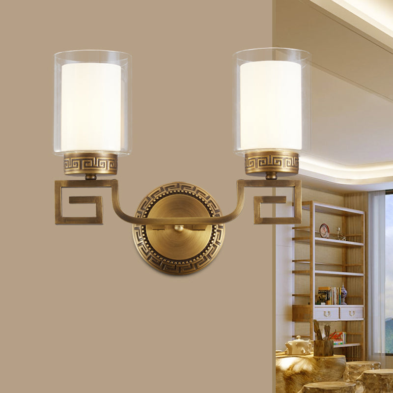 Colonialist Gold Sconce Lamp With Clear & Opal Glass - Wall Mounted Light Fixture For 2 Lights