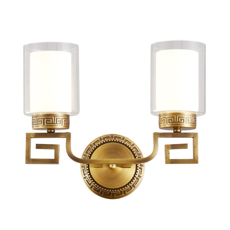 Colonialist Gold Sconce Lamp With Clear & Opal Glass - Wall Mounted Light Fixture For 2 Lights