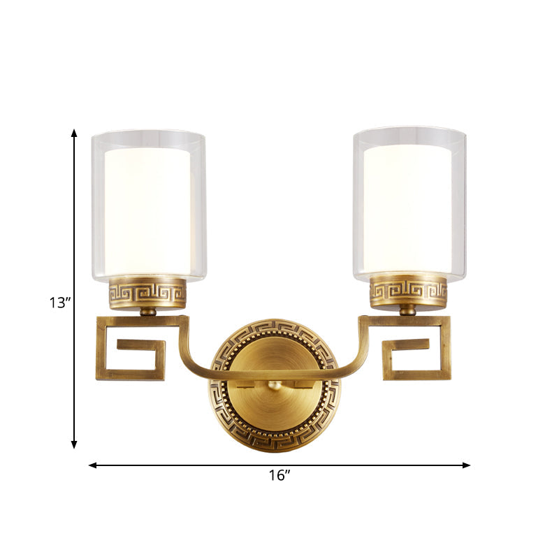 Colonialist Gold Sconce Lamp With Clear & Opal Glass - Wall Mounted Light Fixture For 2 Lights