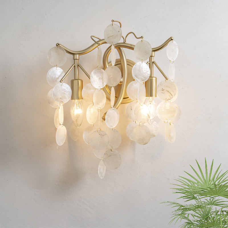 White Shell Wall Sconce Lighting With 2 Traditional Cascade Lamp Heads For Living Room Decor