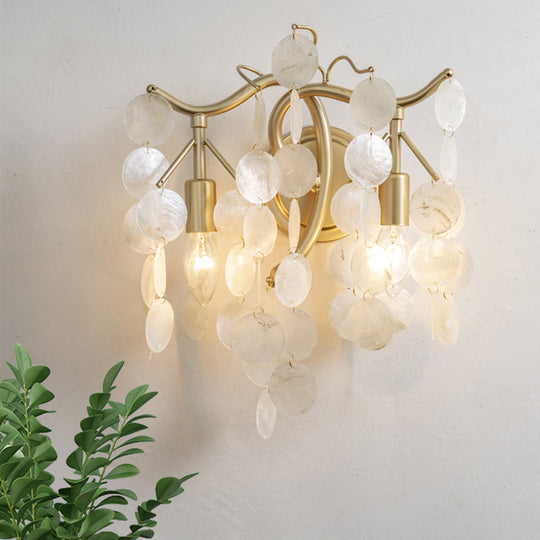 White Shell Wall Sconce Lighting With 2 Traditional Cascade Lamp Heads For Living Room Decor