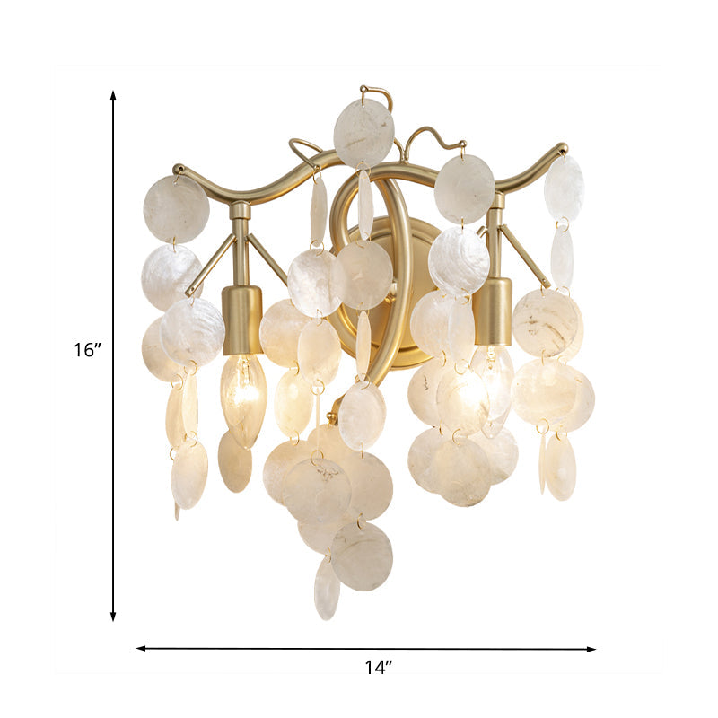 White Shell Wall Sconce Lighting With 2 Traditional Cascade Lamp Heads For Living Room Decor