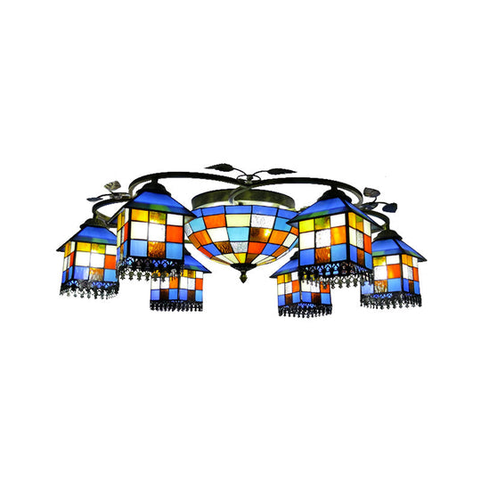 Hotel Mosaic Pendant Light: Stained Glass Multi-Head Chandelier with Central Bowl