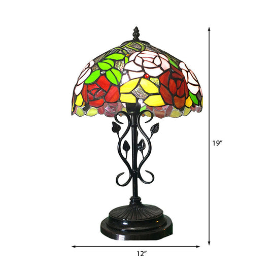 Stained Glass Rose Desk Lamp With Leaf Base - Tiffany Rustic Design In Black Finish