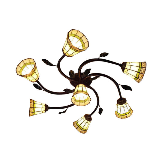 Leaf Design Tiffany Glass Ceiling Light - Rustic Cone Shade Swirl Arm Semi Flush Mount, 7 Lights - Ideal for Hotels