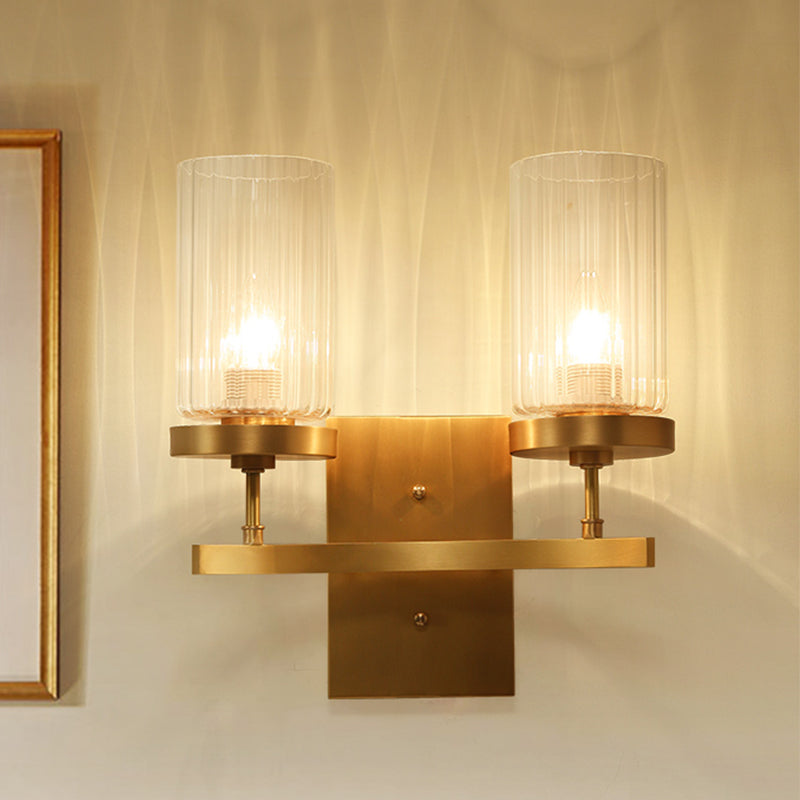 Clear Ribbed Glass Cylinder Wall Sconce In Gold - Bedroom Lighting Fixture