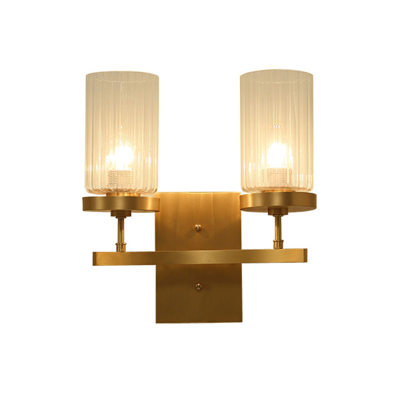 Clear Ribbed Glass Cylinder Wall Sconce In Gold - Bedroom Lighting Fixture