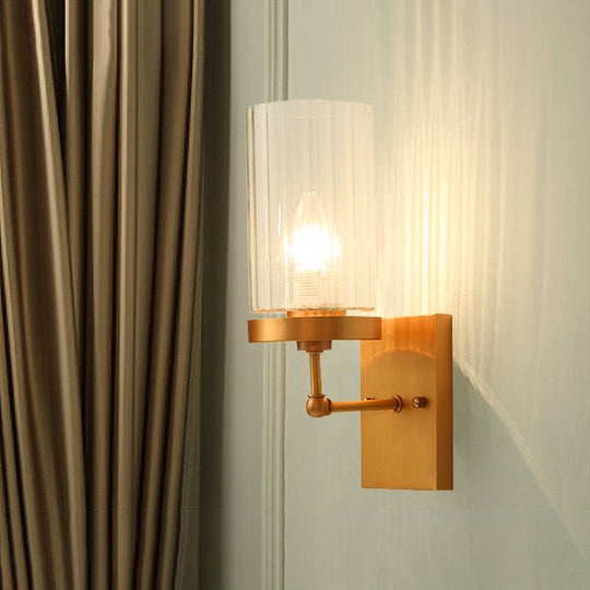 Clear Ribbed Glass Cylinder Wall Sconce In Gold - Bedroom Lighting Fixture