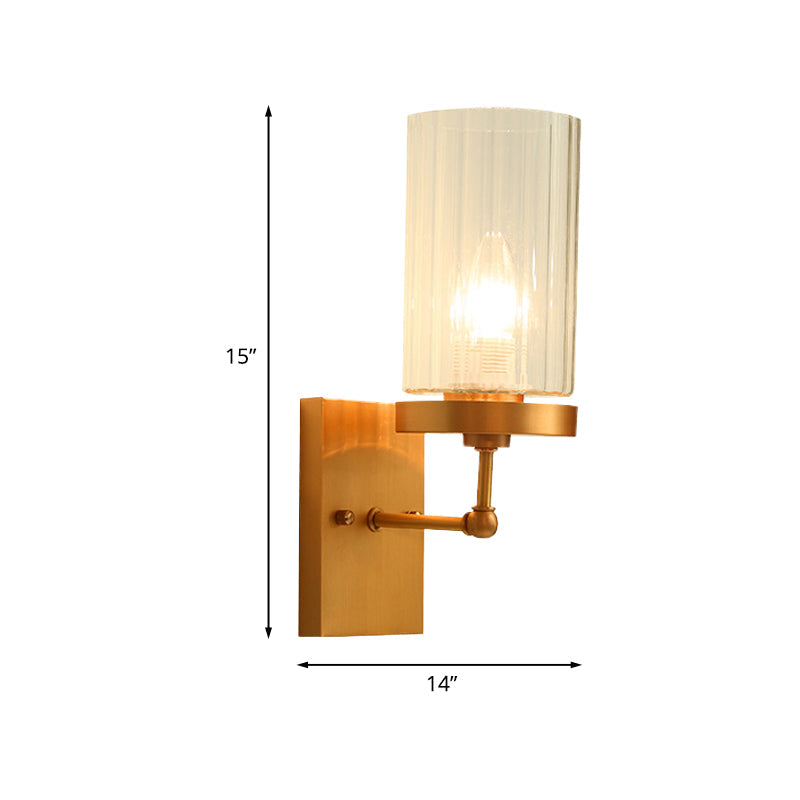 Clear Ribbed Glass Cylinder Wall Sconce In Gold - Bedroom Lighting Fixture