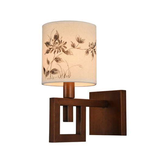 Rustic White Fabric Wall Sconce Light For Study Room - 1-Light Cylinder Fixture With Floral Pattern