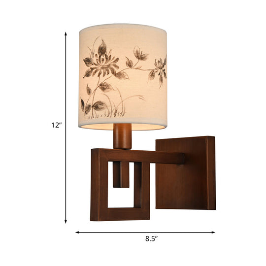 Rustic White Fabric Wall Sconce Light For Study Room - 1-Light Cylinder Fixture With Floral Pattern