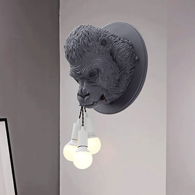 Rustic Chimpanzee Resin Wall Lamp Sconce With 3 Grey/White Heads - Perfect Living Room Fixture Grey