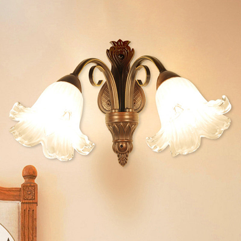 Traditional Floral Wall Sconce Light With White Glass Fixture In Black - Ideal For Bedroom