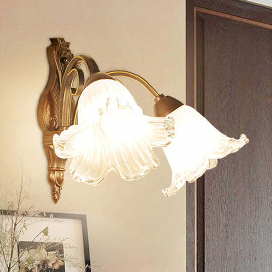 Traditional Floral Wall Sconce Light With White Glass Fixture In Black - Ideal For Bedroom