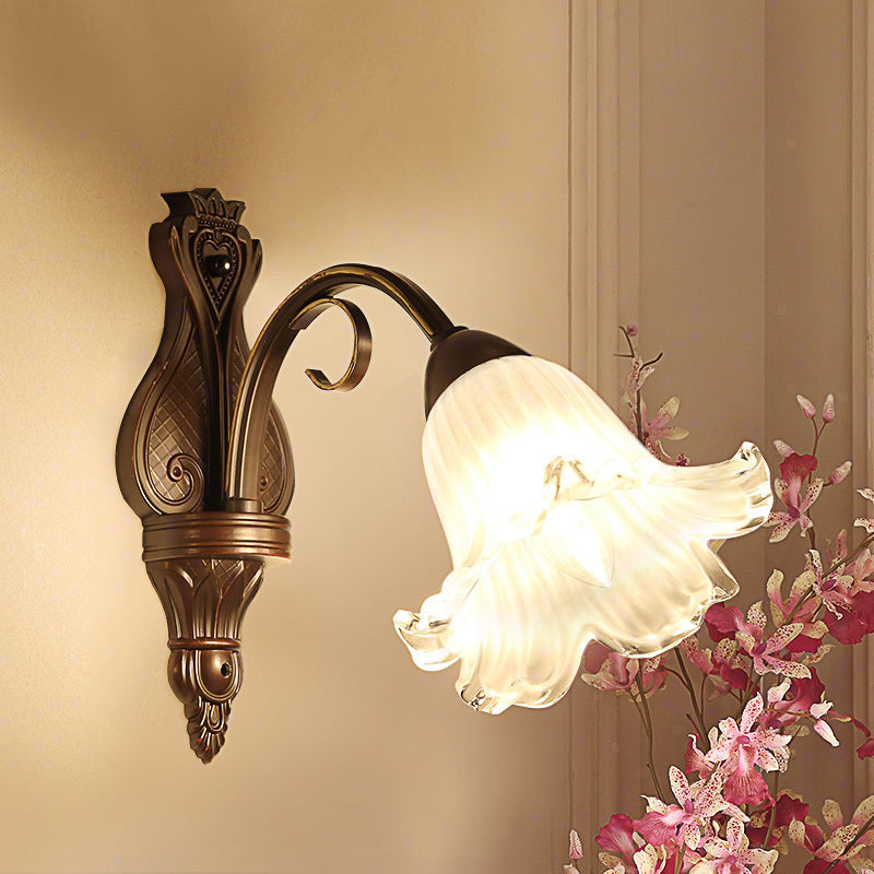 Traditional Floral Wall Sconce Light With White Glass Fixture In Black - Ideal For Bedroom