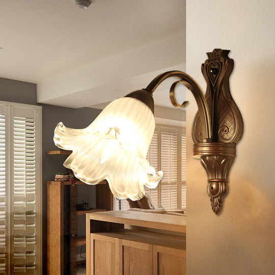 Traditional Floral Wall Sconce Light With White Glass Fixture In Black - Ideal For Bedroom