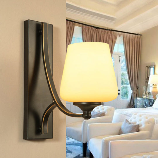 Black Tapered Wall Sconce With Frosted White Glass For Bedroom Lighting