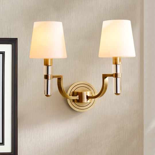 Colonial Gold Tapered Wall Lamp Sconce With Frosted Glass And Crystal Accent - Mounted Light