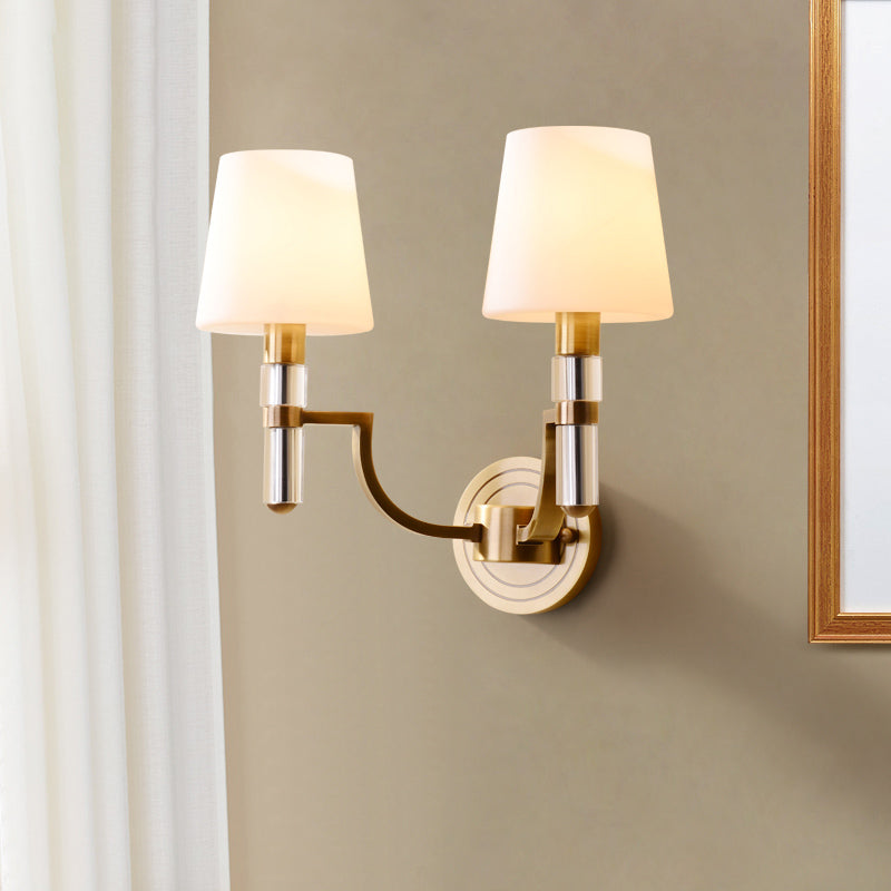 Colonial Gold Tapered Wall Lamp Sconce With Frosted Glass And Crystal Accent - Mounted Light