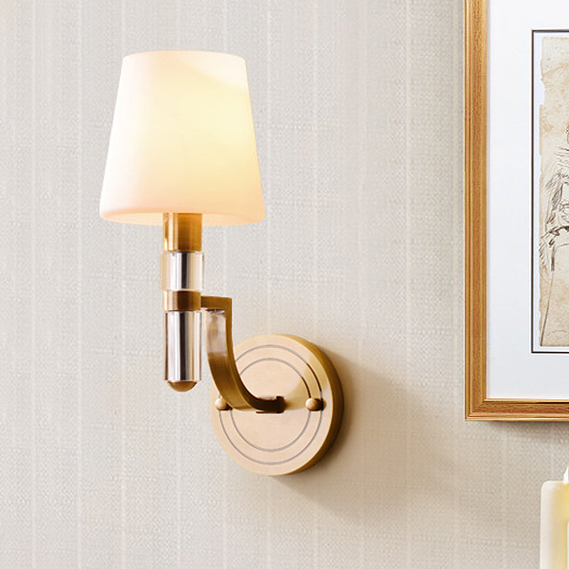 Colonial Gold Tapered Wall Lamp Sconce With Frosted Glass And Crystal Accent - Mounted Light 1 /