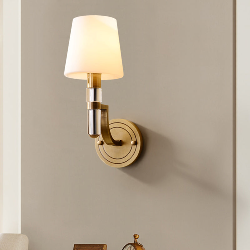 Colonial Gold Tapered Wall Lamp Sconce With Frosted Glass And Crystal Accent - Mounted Light