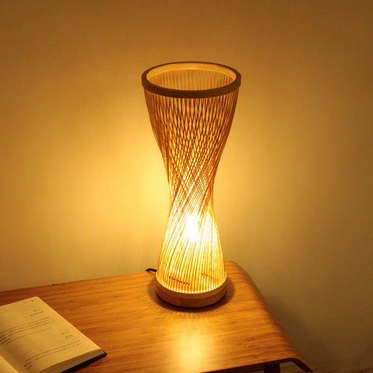 Asian Style Bamboo Nightstand Lamp - Single Head Wood Desk Light For Bedroom