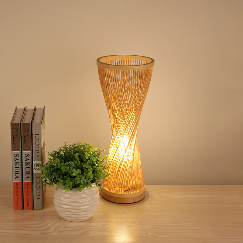 Asian Style Bamboo Nightstand Lamp - Single Head Wood Desk Light For Bedroom