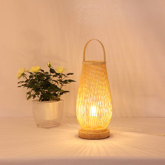 Bedroom Table Lamp - Asian Style Single Bulb With Beige Curved Handle Basket Bamboo Shade