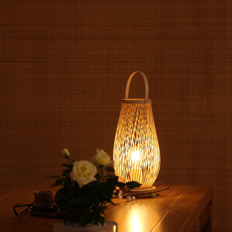 Bedroom Table Lamp - Asian Style Single Bulb With Beige Curved Handle Basket Bamboo Shade