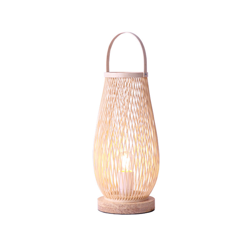 Bedroom Table Lamp - Asian Style Single Bulb With Beige Curved Handle Basket Bamboo Shade