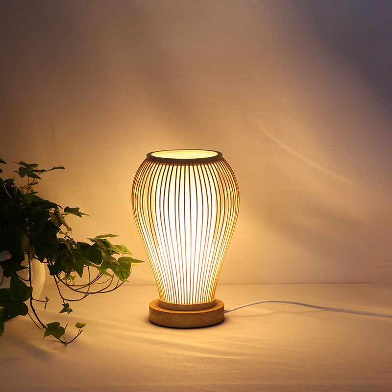 Asian-Style Bamboo Urn Table Lamp With Cylinder Shade - Single Bulb White Desk Light