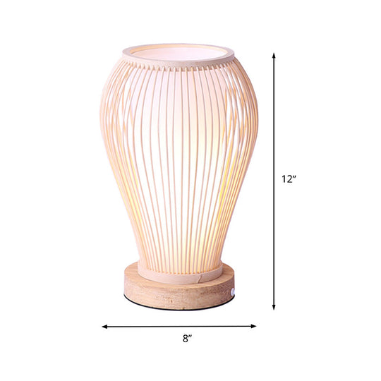 Asian-Style Bamboo Urn Table Lamp With Cylinder Shade - Single Bulb White Desk Light