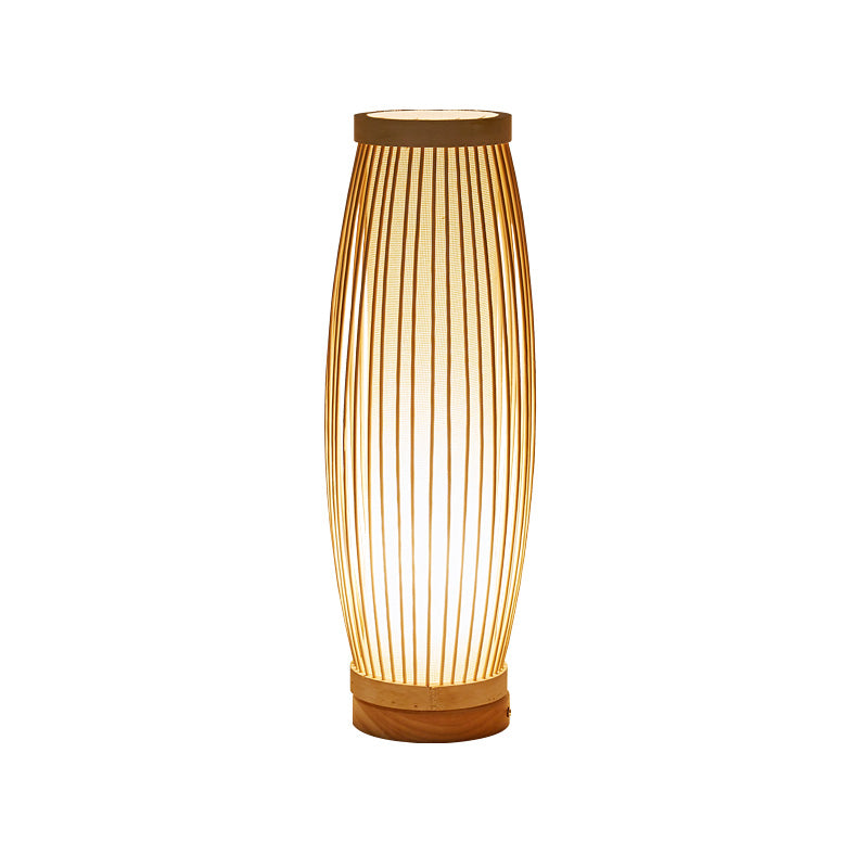 Oblong Bamboo Night Table Lamp - Asian Style Single Bulb Bedroom Desk Light With Fabric Shade