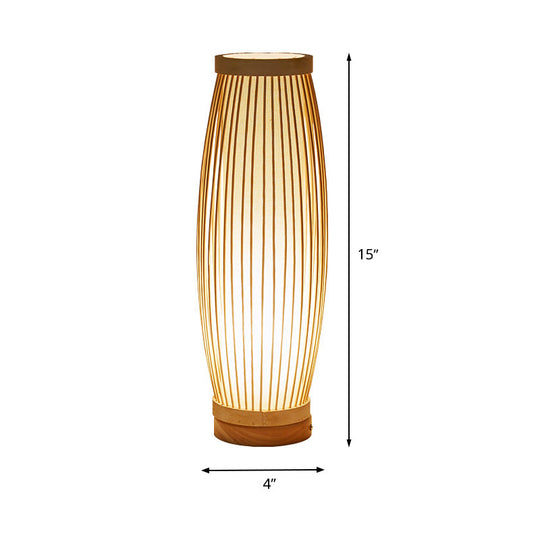 Oblong Bamboo Night Table Lamp - Asian Style Single Bulb Bedroom Desk Light With Fabric Shade