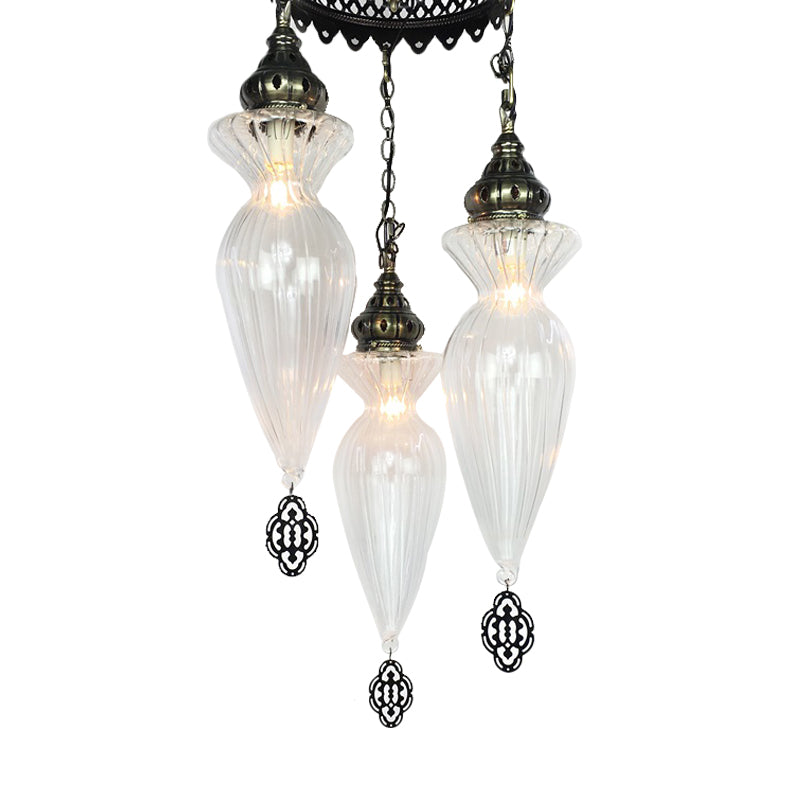 Gourd Chandelier Light With Clear Ribbed Glass - Traditional Pendant Lighting Fixture (3 Bulbs)