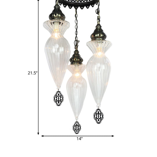 Gourd Chandelier Light With Clear Ribbed Glass - Traditional Pendant Lighting Fixture (3 Bulbs)