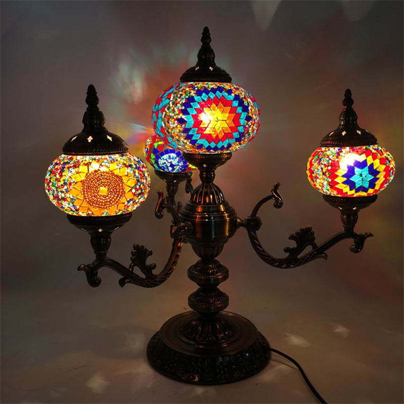 Bohemia Oval Stained Glass Nightstand Light - 4 Bulbs Red/Yellow/Orange Bedroom Lighting